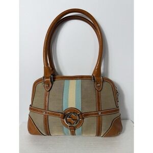 Gucci Canvas & Leather ‎ Bag Brown Trim Web Stripe GG Logo Satchel Purse w/ COA